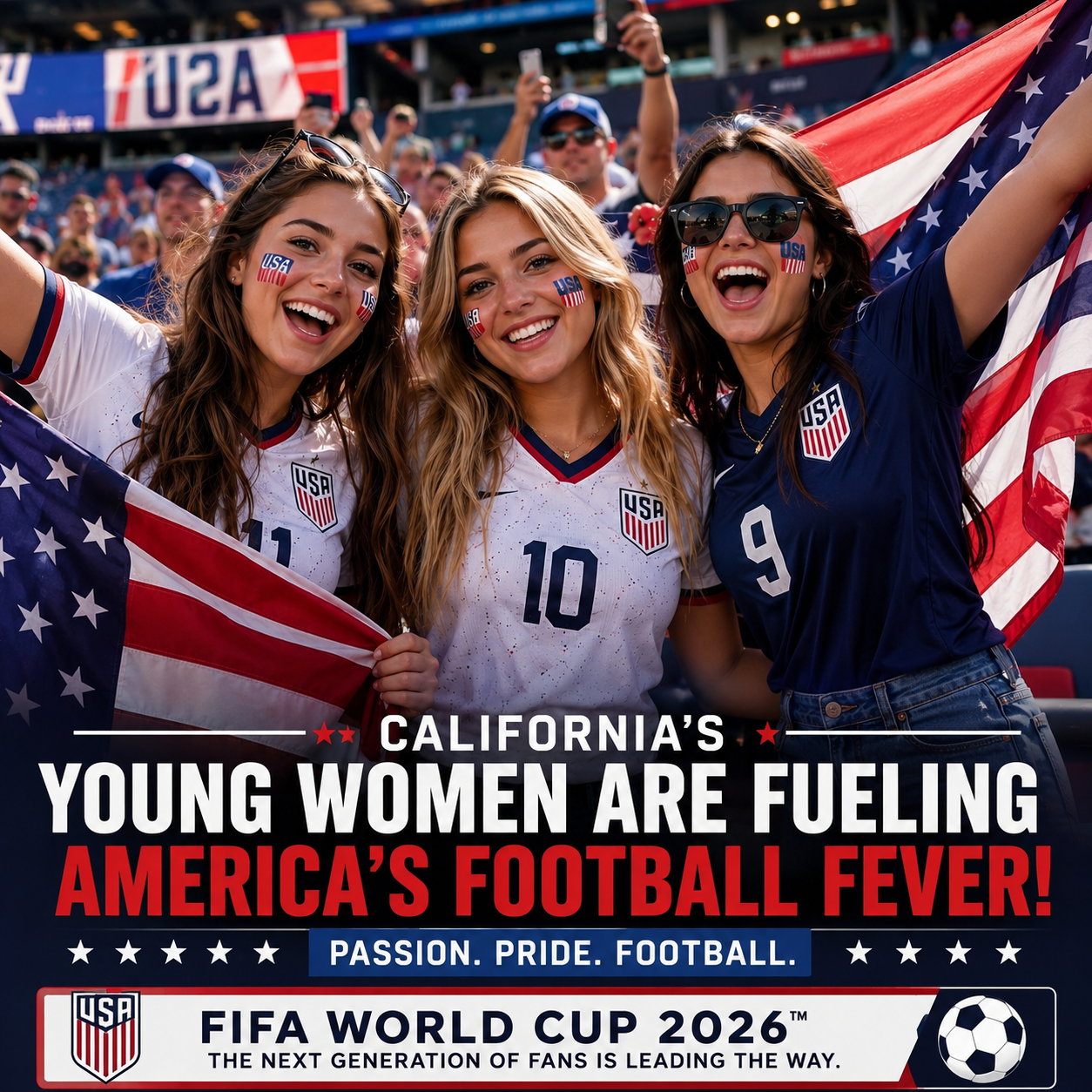 Young California women passionately supporting the USA national football team during the FIFA World Cup 2026 in a packed stadium.